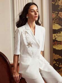 Anewsta Women's White Embroidered Casual Business Blazer, Elegant Old Money Style, Suitable For Spring And Summer - White - View 3