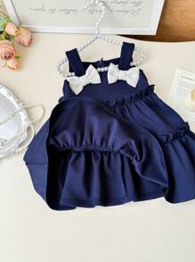 SHEIN Baby Girl Cute & Elegant Color Contrast Bow Frill Trim Camisole Dress - Navy Blue - View 5