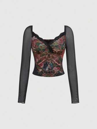 Blouse à manches longues style vintage palais avec crâne et motif floral contrastant avec dentelle pour femme