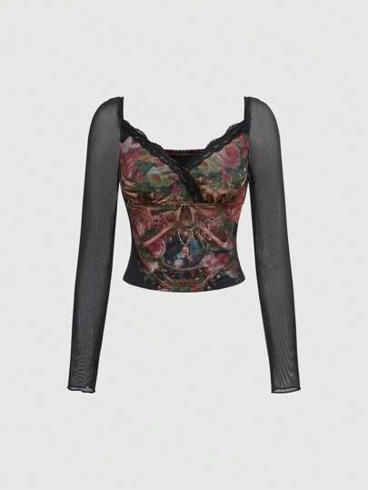 Damen Vintage Palast-Stil Bluse mit Schädel- und Blumen-Kontrast-Spitze, Langarm