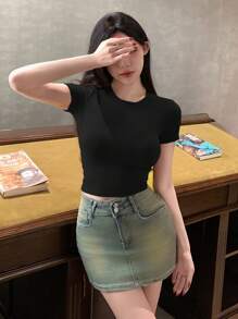 DAZY Women Solid Color Round Neck Short Sleeve Cropped Slim Fit Casual T-Shirt Top - Black - View 6