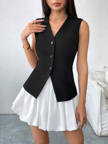 Calvaya 2pcs Women's Black & White Contrast Color Bubble Skirt With Safety Shorts, Commuting Outfit Spring/Summer