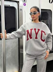 EURMUSE Chic & Cool Oversize Boat Neck Printed Brushed Back Sweatshirts - Grey - View 1