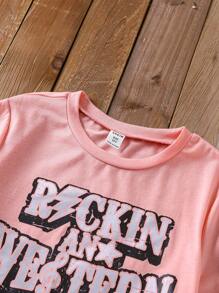 SHEIN Tween Girls Music Festival English Graphic Ruffle Hem Decorated T-Shirt, Fashion & Playful Design For Outdoor Activities And Daily Theme Parties, Spring & Summer