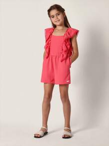 SUMWON Oversized Ruffle Summer Playsuit Flutter Sleeve Square Neck Design Girls Outfit Youth Fashion Breathable Beach Vacation Cute Holiday Dress - Coral Pink - View 1