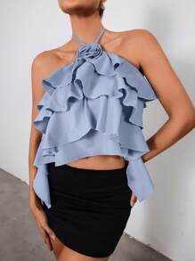 Chiquease Blusa Floral Multinível com Laço, Design de Bolo, para Mulheres - Azul - Visão 6