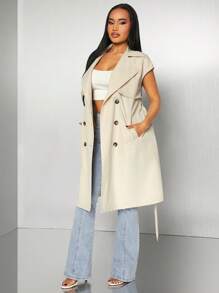 SHEIN SXY Early Spring Elegant Commuting Solid Khaki Double-Breasted Lace-Up Sleeveless Trench Coat