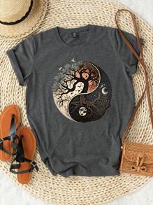 Calvaya 生命之树印花休闲短袖T恤，春夏短袖休闲上衣，女士服装图案T恤女上衣 - 深灰色 - 查看 1