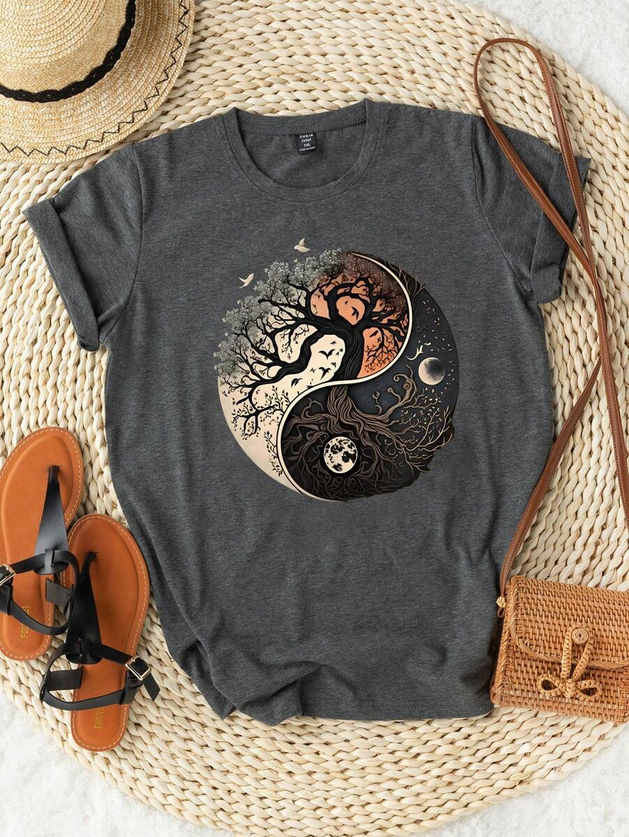 Calvaya 生命之树印花休闲短袖T恤，春夏短袖休闲上衣，女士服装图案T恤女上衣 - 深灰色 - 查看 1