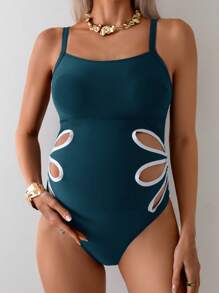 SHEIN Maternity 1pc Floral Cutout One-Piece Swimsuit, One-Piece Bathing Suit For Summer Beach Vacation - Teal Blue - View 5