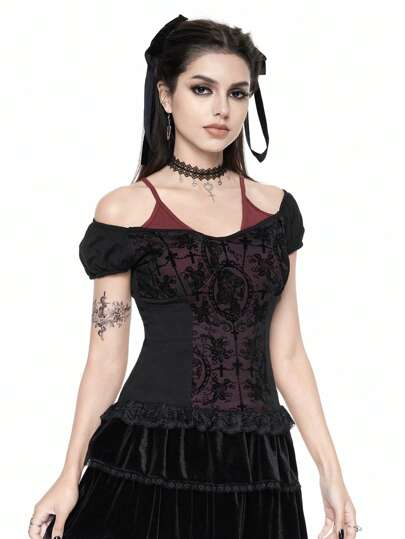 Black Gothic Skull & Vine Print Flocked Splicing 2 In 1 Top