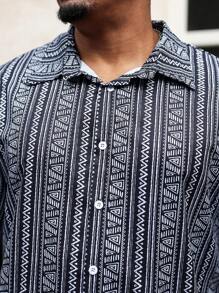 Manfinity Homme 2pcs Set Plus Size Men Geometric Print Short Sleeve Shirt + Shorts - Black and White - View 6