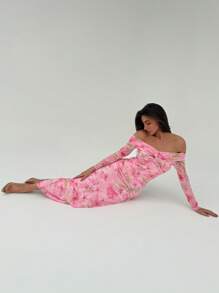 Aloruh Váy lưới dài tay trễ vai in họa tiết hoa hồng ngày lễ tình nhân dành cho nữ - Nhiều màu - Xem 4