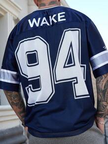 Manfinity EMRG Men's Solid Color Contrast V-Neck Short Sleeve Numeric Print Casual Basketball Jersey Style T-Shirt - Blue - View 2