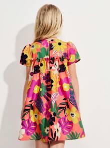SHEIN Young Girl Floral Print Round Neck Loose Fit Short Sleeve Dress, Vacation Style