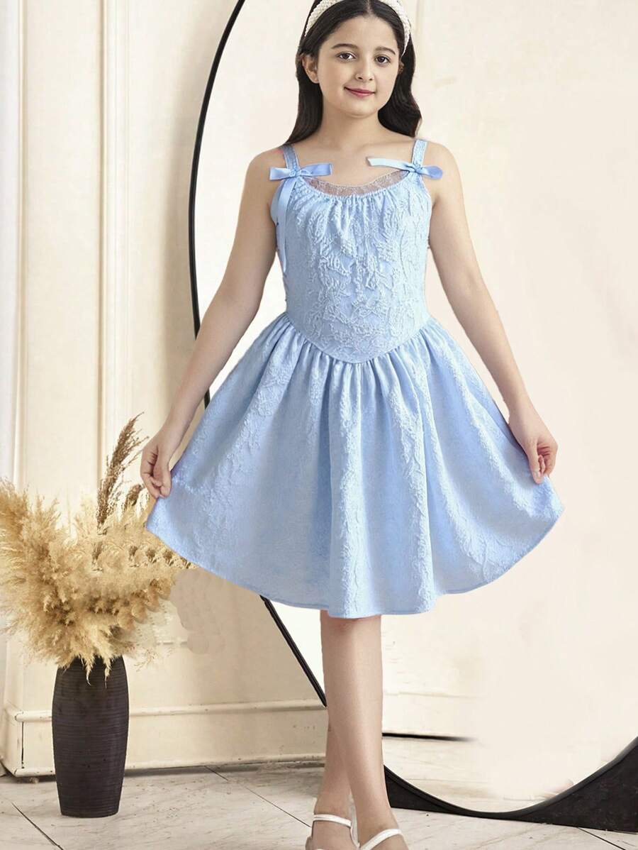 SHEIN 少女优雅、甜美、可爱的细肩带公主裙 - 藍色 - 查看 1