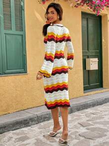 Breezaya French Style Colorblock Wave Design Striped Hollow-Out Knitted Sweater Dress - Multicolor - View 2