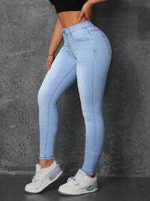 SHEIN Tall Women's Solid Color Washed Skinny Fit Casual Jeans With Pockets