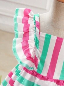 Fern Glow  Baby Girl Summer Colorblock Striped Ruffle Hem Bow Decor Dress - Multicolor - View 4