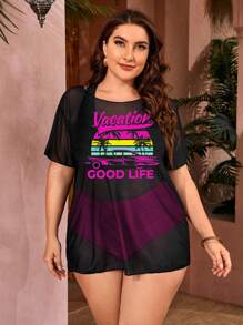 Swim Lushoire Plus Size Women Funny Print 3pcs Set Tankini Set, Fashion Casual Vacation Beach Swimwear - Multicolor - View 3