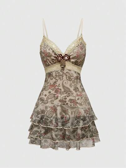 Abito mini da donna in stile vintage vintage hippie, con volant, nastri, pizzo e stampa paisley
