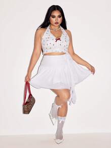 SHEIN ICON Plus Size 3D Floral Ruffles Decorated A-Line Mesh Skirt