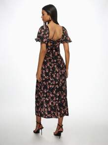 MISSGUIDED Floral Milkmaid Midi Dress With Ruched Bust Puff Sleeves Side Split Square Neck Summer Wedding Guest Tea Party Dress - Black - View 2