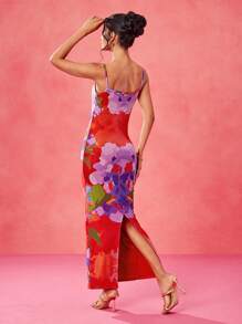 Eva Novielli Designer Multicolor Floral Printed Mesh Spaghetti Straps Deep V Bodycon Maxi Dress, Spring And Summer Sundress, Concert Outfit, Spring Break, Rave, Prom Dress, Brunch Outfits, Tea Party Dress - Multicolor - View 3