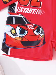 SHEIN 3pcs/Set Young Boy Kids Comfortable, Casual, Cute, Fashionable Racing Car Pattern Red Swimsuit Three Pieces Set With Swimming Cap, Suitable For Spring And Summer Seasons, Suitable For Outdoor Vacation, Swimming, Soaking In Hot Springs, Wearing Swimsuit Cover Up, Beach Swimming, Beach Surfing Vacation - Red - View 6