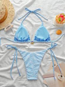 Swim Mod 2pcs/Set Springbreak Summer Beach Floral Print Textured Fabric Halter Tri-Bikini + Side Tie Swim Trunks Swimwear, Sexy & Cute - Baby Blue - View 2