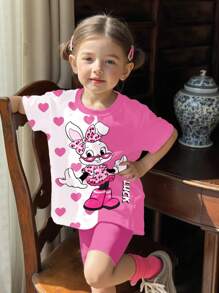 SHEIN 2pcs Young Girls Casual Rabbit Print Short Sleeve T-Shirt And Shorts Set, Comfortable & Minimalist Design, Suitable For Spring & Summer