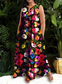 SHEIN LUNE Plus Size Casual Elegant Random Floral Print Sleeveless Dress, For Women, Suitable For Summer, Beach, Spring, Vacation - White - View 1