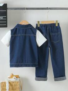 SHEIN 3 件套：小男孩无袖 T 恤、牛仔夹克和长裤 - 寶藍色 - 查看 2