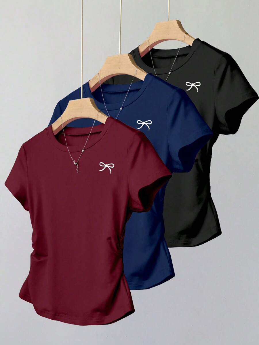 INAWLY Camiseta informal de mujer con plisado y estampado de lazo, minimalista - Multicolor - Ver 1