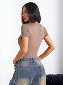 Coolane 女士秋季街头风 Y2K 针织纹理紧身衣 - 棕色 - 查看 4