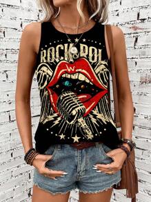 SHEIN LUNE 女士休闲简约圆领无袖唇形背心，适合夏季、音乐会女装、狂欢节 - 彩色 - 查看 3