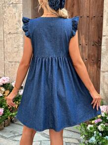 SHEIN 孕妇蓝色牛仔V领荷叶袖连衣裙，适合派对、节日、约会、情人节、下午茶等场合，女士休闲度假宽松无袖迷你蓝色荷叶边牛仔衬衫式A字连衣裙，情人节、夏季/夏季服装/夏季服饰、春季/女士春季服装、女士海滩服装/海滩、女士早午餐服装、春假/春假服装、女士演唱会服装/锐舞节服装/乡村音乐会服装/伊比沙岛服装/纳什维尔服装