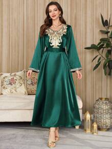 Al Najma Elegant Embellished Collar Floral Embroidered Long Sleeve Women Arabic Style Dress, Kaftan & Jalabiya, Luxury Evening Dresses For Women,Modest