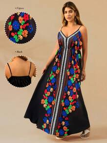 SHEIN Clasi Plus Size Floral Print Patchwork Spaghetti Strap Dress - Multicolor - View 1