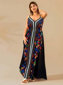 SHEIN Clasi Plus Size Floral Print Patchwork Spaghetti Strap Dress - Multicolor - View 5