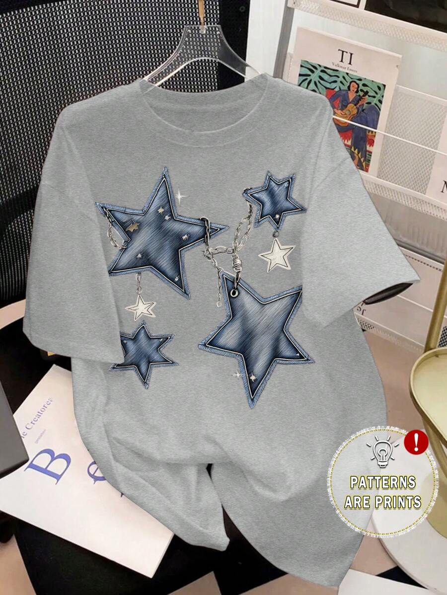 SHEIN Leap Crew 青少年女孩休闲图案短袖 T 恤，适合夏季 - 灰色 - 查看 1