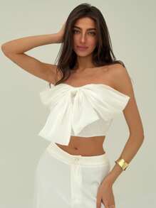 Aloruh White Contrast Fabric Bow Front Bustier Crop Top, Romantic For Wedding And Date