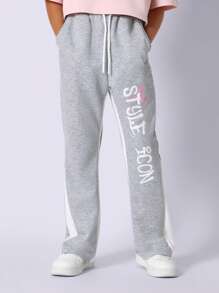 SUMWON Pantalón de chándal deportivo con estampado gráfico lateral, en felpa suave, ropa de estar por casa casual, estilo urbano, con elástico en los tobillos, para jóvenes y adolescentes, escuela, deporte, invierno