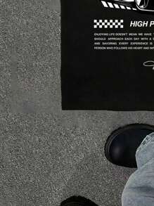 Manfinity EMRG Men's Street Racing Tokyo Drift Slogan Print Loose Fit Oversized Drop Shoulder Black T-Shirt - Black - View 3