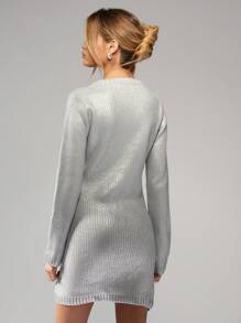 MISSGUIDED Foil Metallic Knit Mini Dress Sweater Holiday Party Clubwear Evening Special Occasion Shimmer Winter Festive Long Sleeve Bodycon Dress