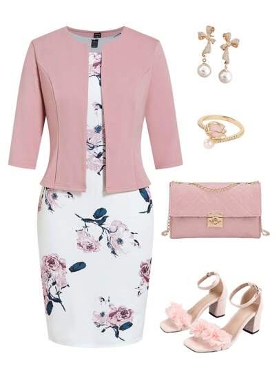 Ellevyn 2-delat set: Elegant blommig bodyconklänning och rosa stickad jacka med mittärm för kvinnor, lämplig för dejter, pendling och vardagsbruk