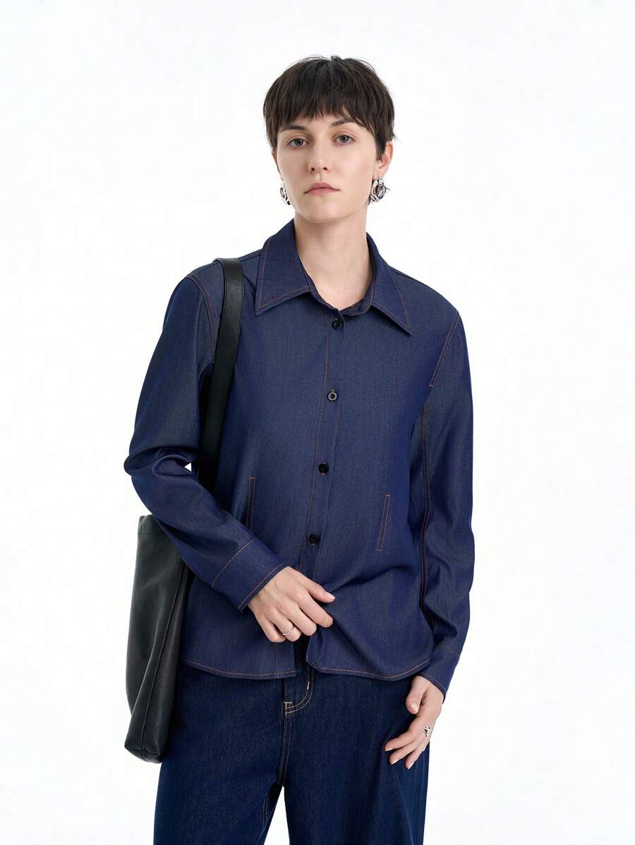 SHEIN Clasi 女式前扣长袖口袋休闲优雅衬衫 - 藍色 - 查看 1