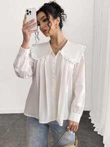 INAWLY Damen Bluse mit Peterchen Kragen, einfarbig, plissiert, lässiger Stil, Langarmtops