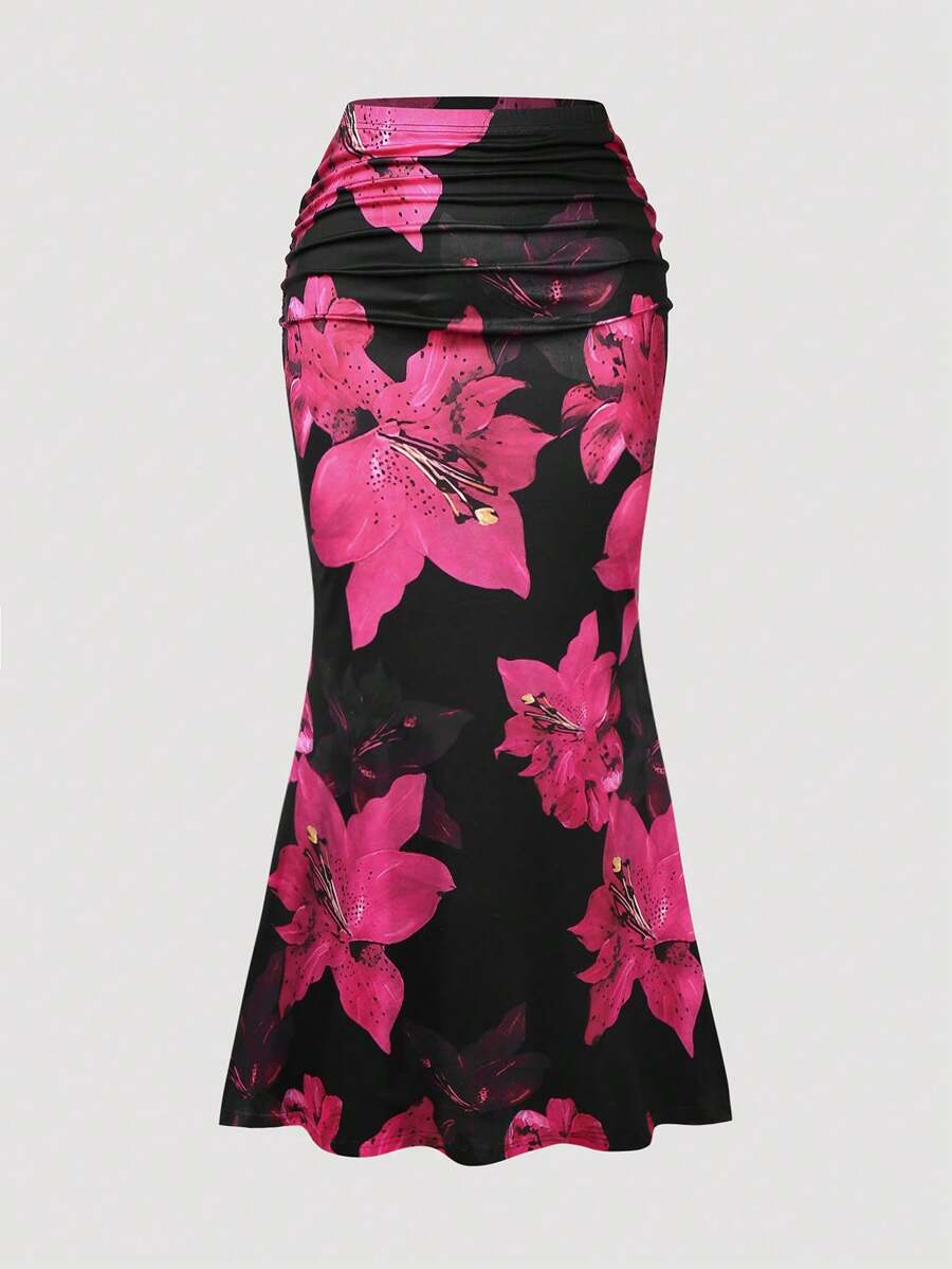 Rometta Large Floral Print Elastic Bodycon Fishtail Skirt, New Stylish & Versatile High Waist Fishtail Skirt For Women Fall Cloth For Women - Hot Pink - View 1