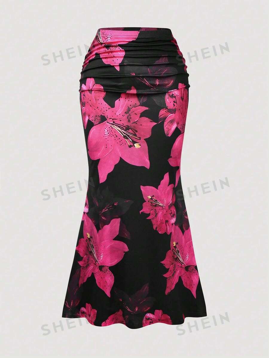 Rometta Falda ajustado de cola de pez con estampado floral grande y elástica, nueva y versátil falda de cola de pez de cintura alta para mujer - Rosa Fucsia - Ver 1